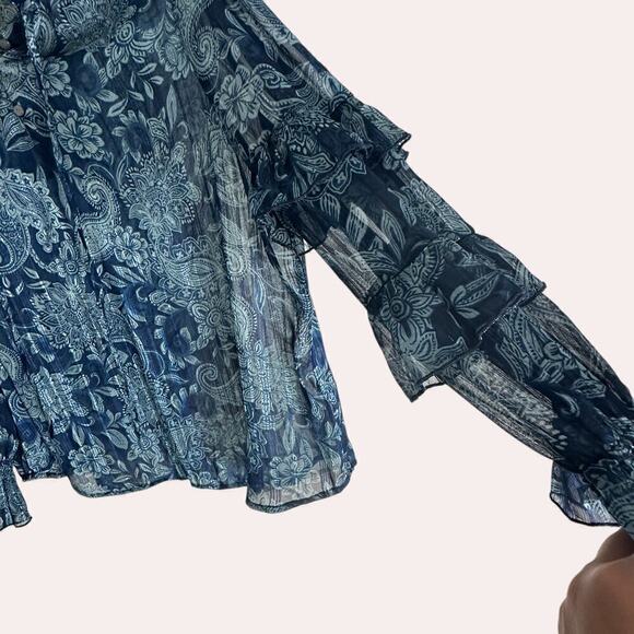 Frye and Co Floral Print Ruffle Sheer Metallic Thread Boho Pheasant Blouse (XL) - Picture 3 of 11